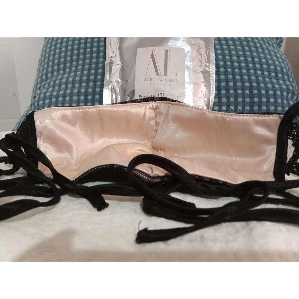Andrea & Leo Couture Costume Face Mask Black Lace Beadwork Exterior Satin Lining